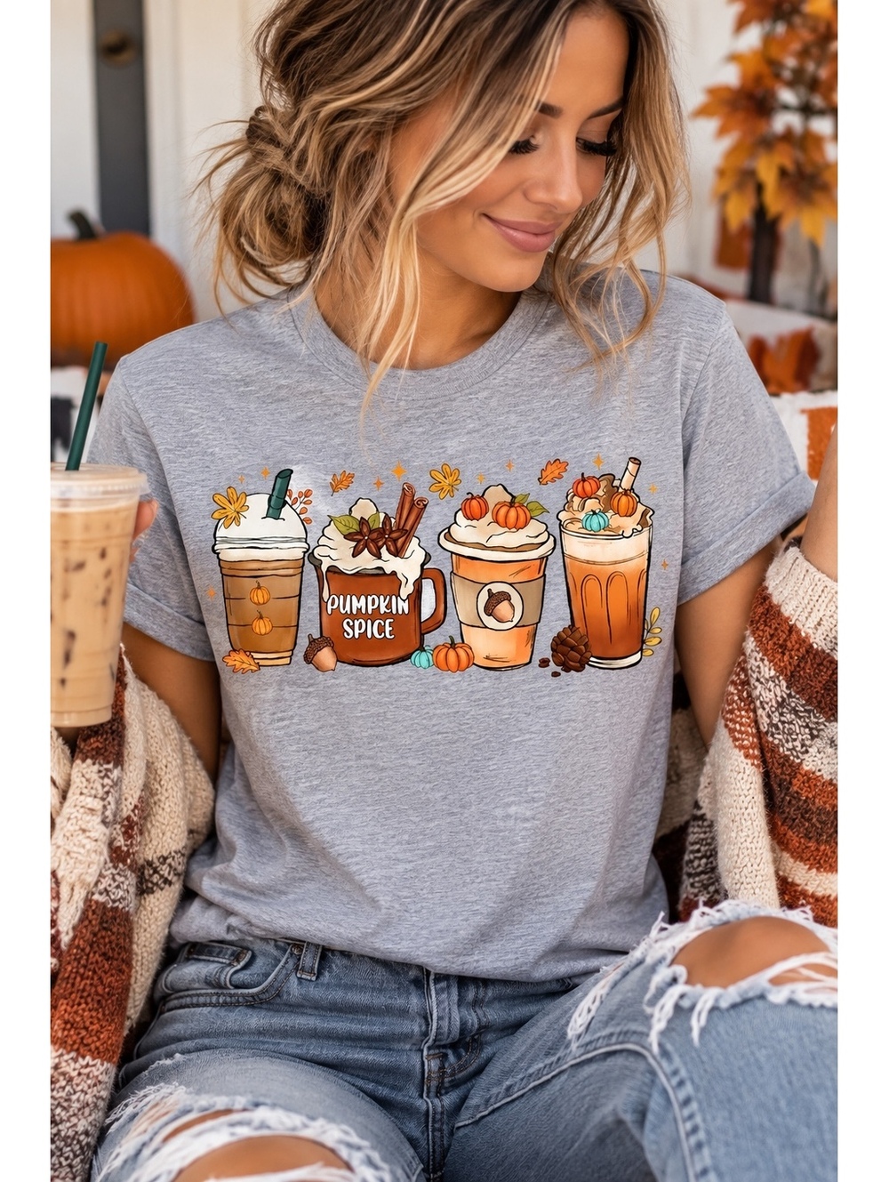 Gray Pumpkin Spice Fall Graphic Short Sleeve T-Shirt